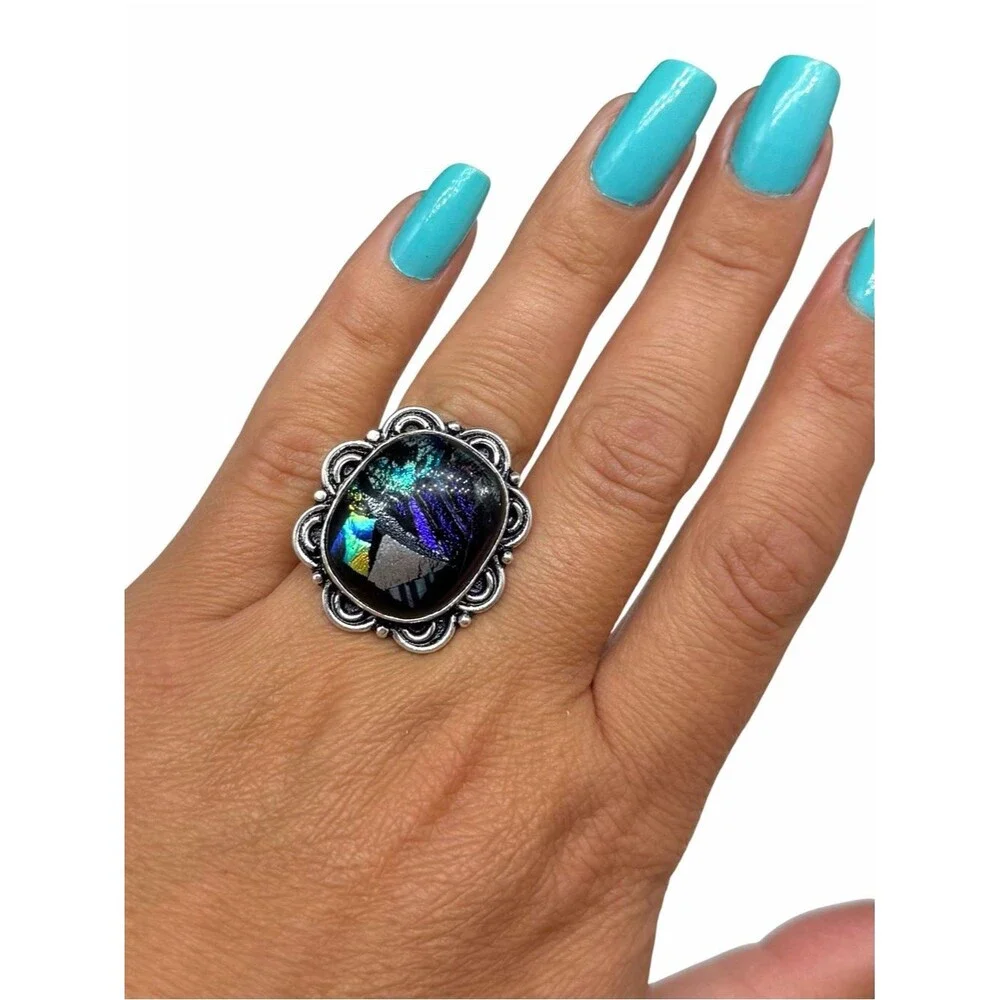 Dichroic Glass Ring Size 8 925 Sterling Silver Overlay Blue Purple Black